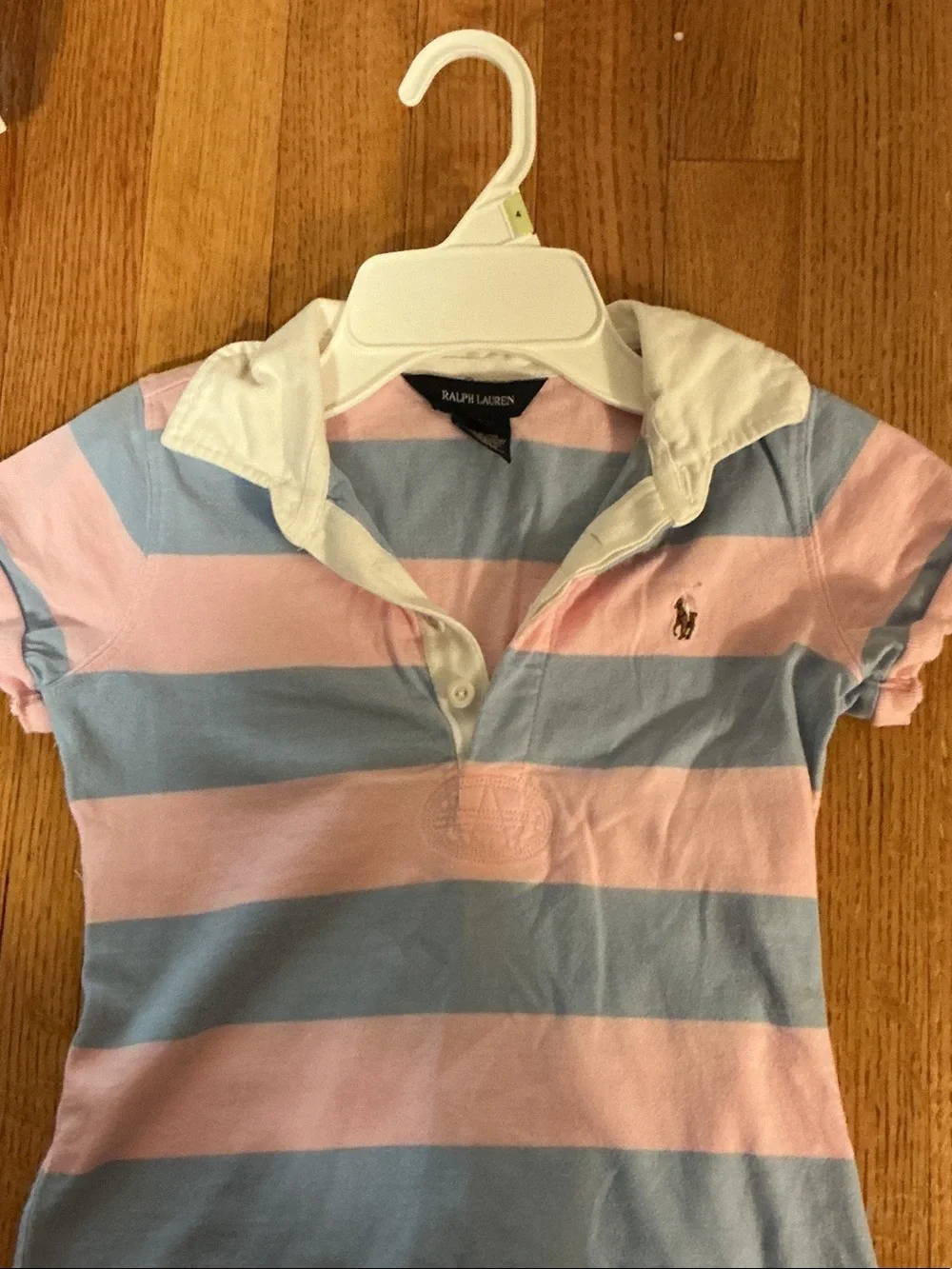 Ralph Lauren Girls Pink & Blue Striped Polo Dress with Ruffle Hem
